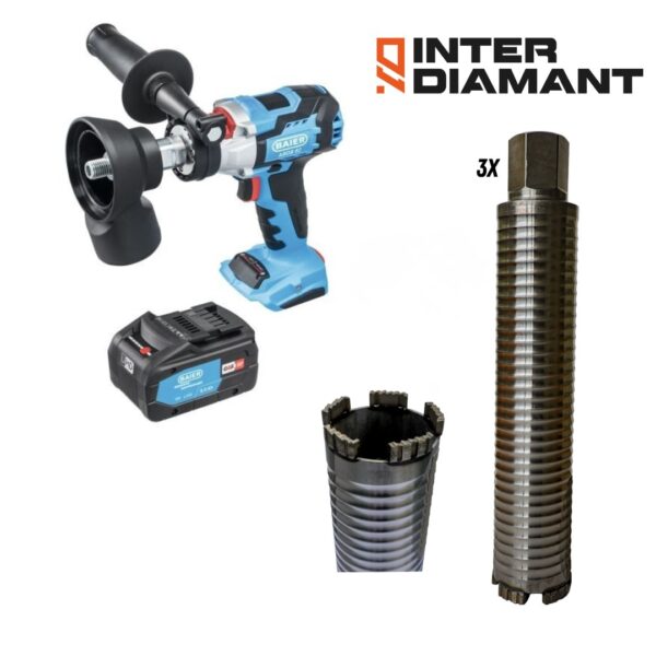 InterDiamant airco intro kit: cordless dry core drilling machine 18 V, battery pack, dosensenker and three long dry core drills