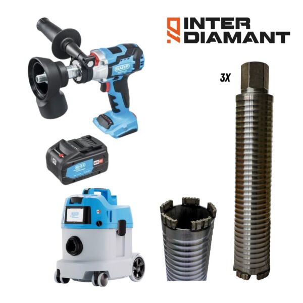 InterDiamant airco intro kit with cordless dust extractor: cordless dry core drilling machine 18 V, battery pack, dosensenker, three long dry core drills and L-class dust extractor