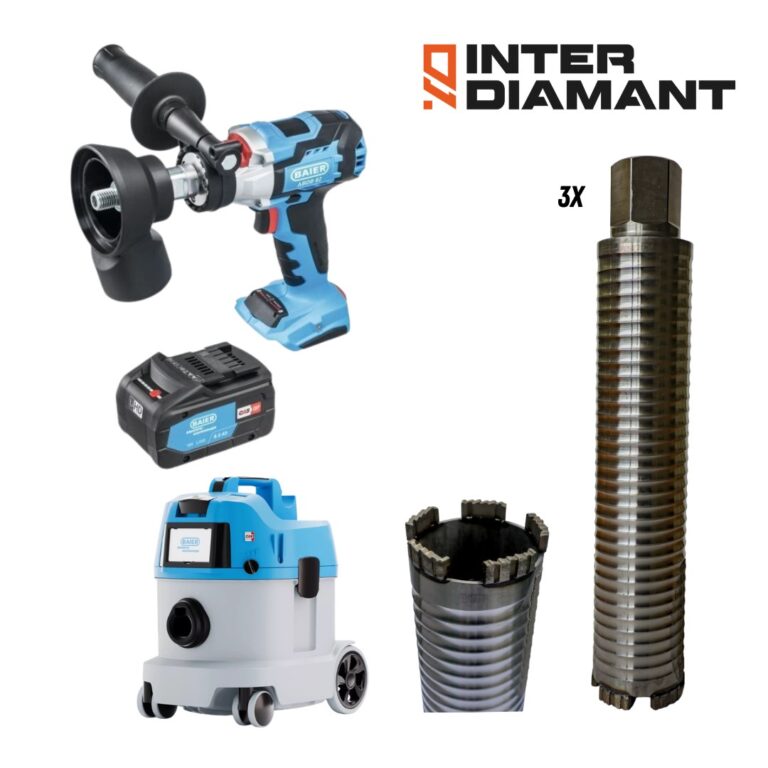InterDiamant airco intro kit with cordless dust extractor: cordless dry core drilling machine 18 V, battery pack, dosensenker, three long dry core drills and L-class dust extractor