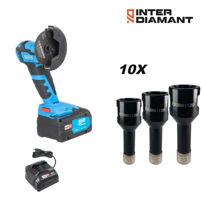 InterDiamant tile drilling kit with cordless multitool 18 V, fast charger and ten VB tile drills Ø 6, 8 and 10 mm