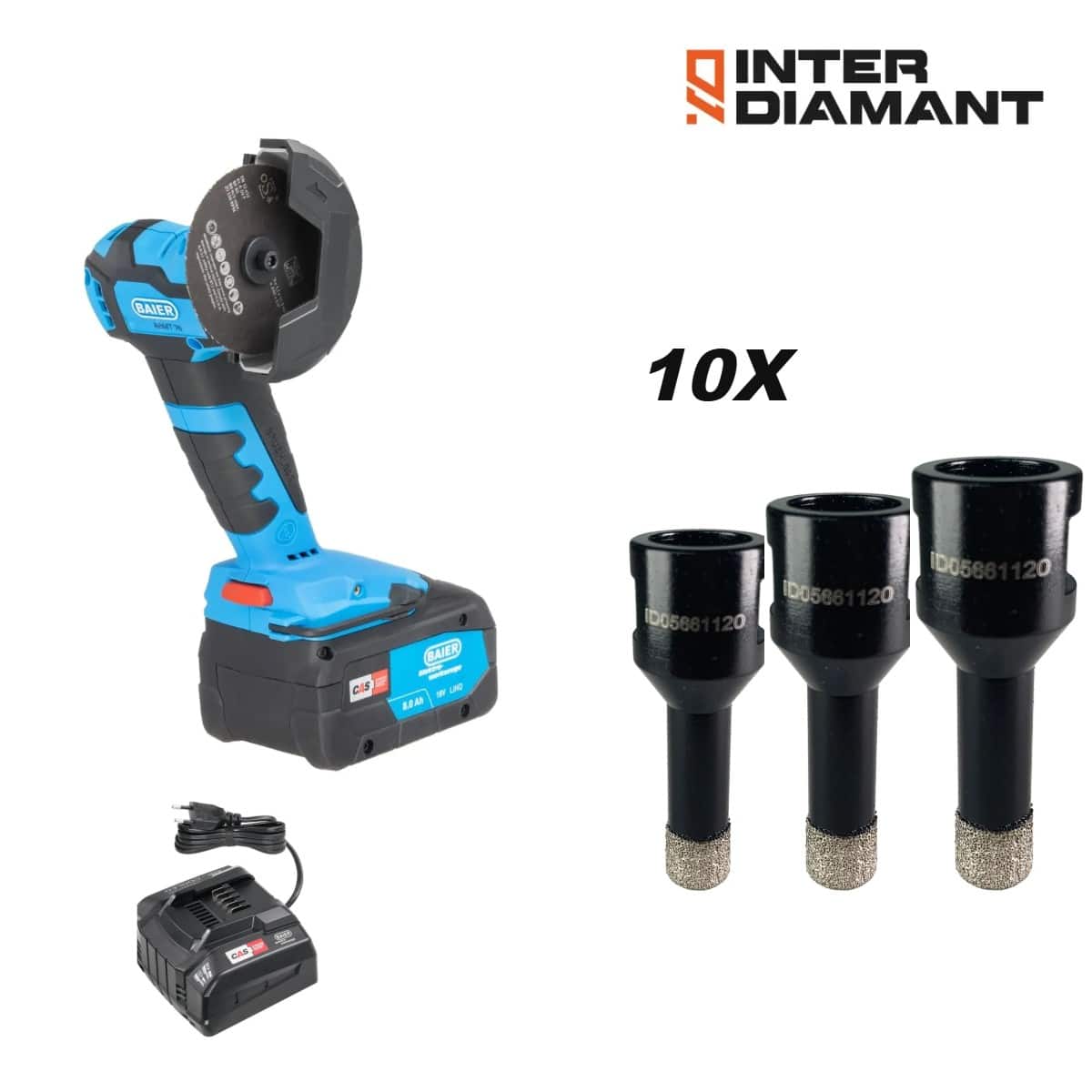 InterDiamant tile drilling kit with cordless multitool 18 V, fast charger and ten VB tile drills Ø 6, 8 and 10 mm